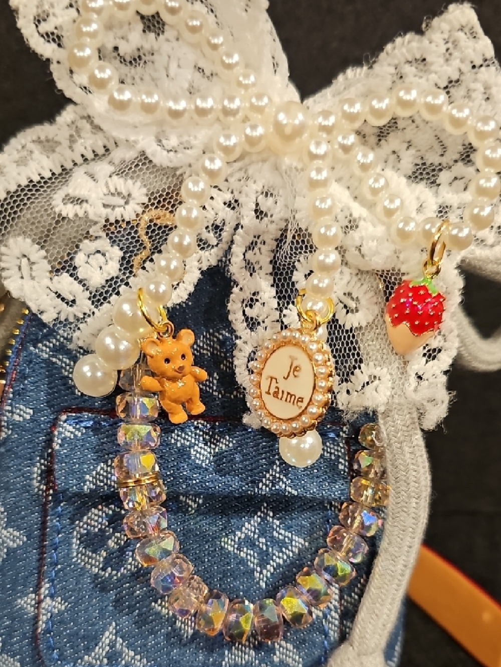 Soft Denim Mini Backpack Charm with Lace Bow & Pearls - Picture 3 of 8
